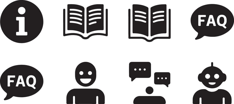 Black Glyph Icon Set Information Support F A Qs Open Book Smiling Person Chat Bubbles Robot Illustration vector