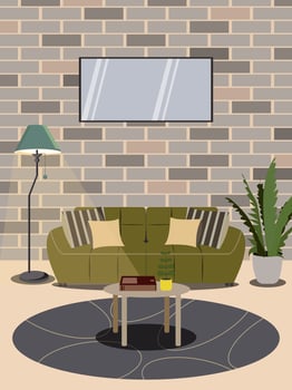 Interior design of a cozy living room with a green sofa, coffee table and floor lamp. vector