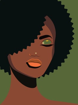African American woman with makeup with closed eyes and stylish curls on green background. vector