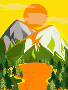 Mountain landscape with coniferous forest in the evening sunset. vector