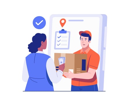 Illustration of a female customer paying cash to a male courier while receiving a package. The delivery takes place in front of a mobile app interface featuring order tracking and a checklist vector