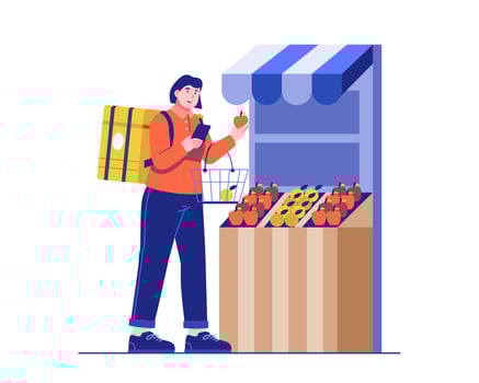 Illustration of a young female courier shopping for groceries ordered via a mobile app. Online fresh food delivery and modern grocery service concept vector