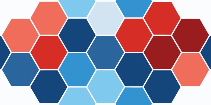Prismatic Hexagon Grid in Red Blue with Varying Sizes on pattern geometric vector