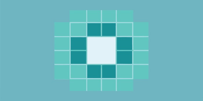 Abstract geometric composition teal turquoise squares arranged in a grid pattern on a blue vector