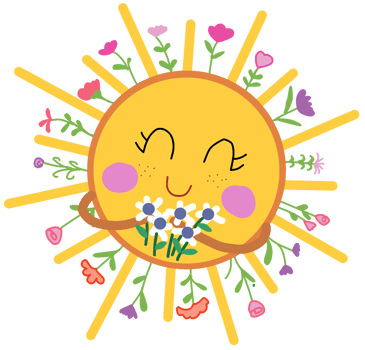 A cartoon sun with flowers and leaves png