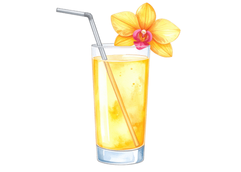 A vibrant watercolor illustration of a refreshing yellow cocktail in a tall glass with a straw, garnished with a beautiful tropical orchid flower. Perfect for summer menus or party invitations. png