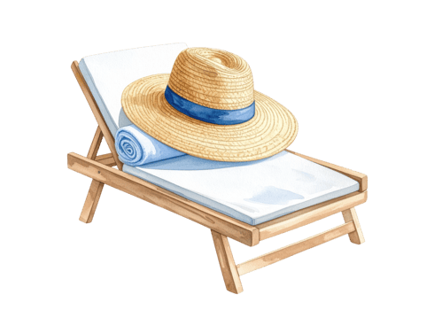 A watercolor painting depicts a wooden lounge chair with a straw hat and a rolled blue towel, perfect for summer relaxation and beach holidays. png