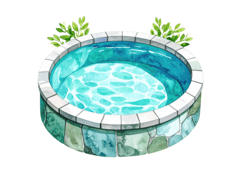 Watercolor illustration of a round hot tub or small pool with clear blue water and stone textured siding, accented by green foliage. Ideal for themes of relaxation, spa, and outdoor leisure. png