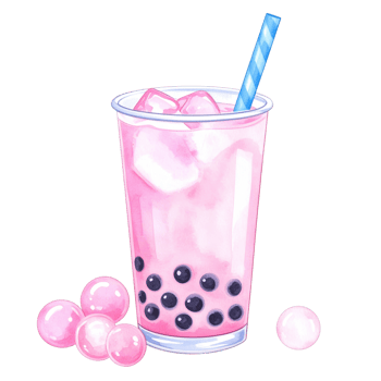 Vibrant watercolor illustration of a refreshing pink bubble tea with dark tapioca pearls, ice, and a blue straw, perfect for menus or sweet drink designs. png