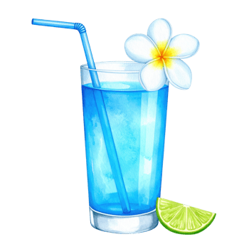 Vibrant watercolor illustration of a blue cocktail in a glass, garnished with a plumeria flower and a fresh lime slice. Perfect for summer, tropical themes, or drink menus. png