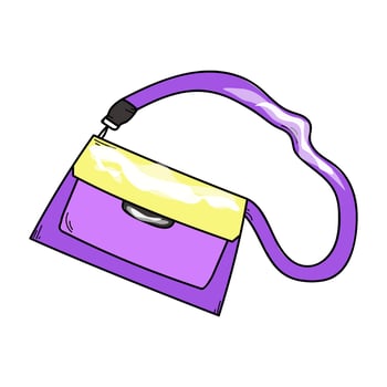 Women's stylish handbag purple with yellow color, drawn in doodle style, on white background, girly school bag, time to school, hello from school, September 1, Knowledge Day vector