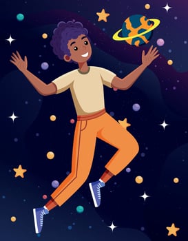 Child floating in space with planets vector