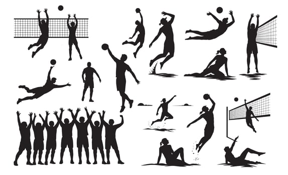 Collection of black silhouette volleyball players in action on white background vector