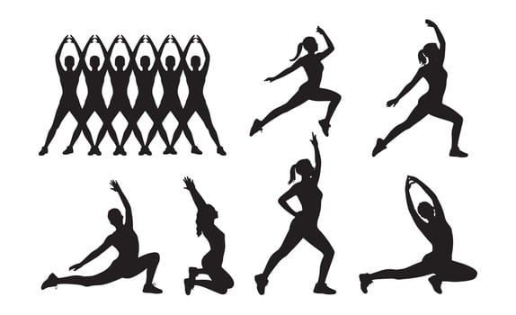 Collection of diverse female silhouettes performing various athletic and yoga poses vector