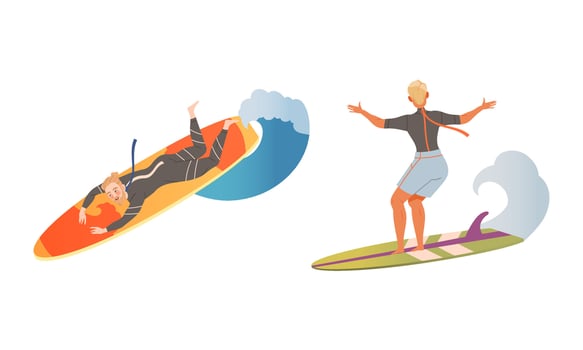 People surfers riding ocean or sea waves cartoon illustration vector