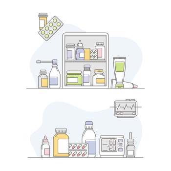 Pharmacy and medical supplies set. Medical pills, medicines and drug bottles illustration vector