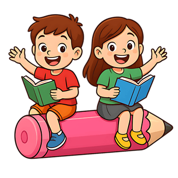 Cartoon Kids Riding Pencil with Books png
