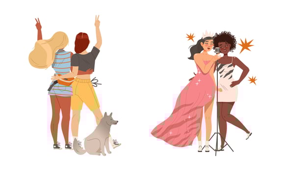 Girlfriends spend time together set. Happy young women having fun at party and singing together cartoon illustration vector