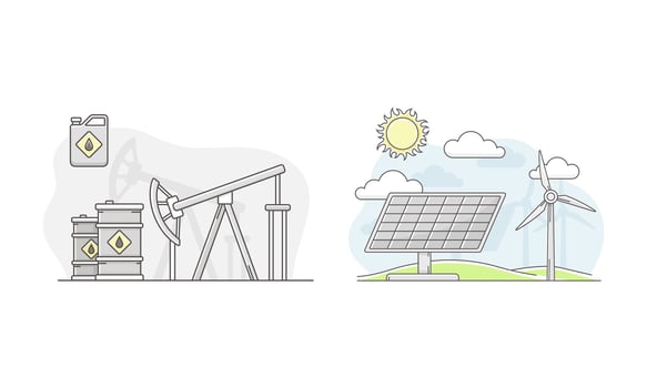 Oil pump jack and solar battery generating pure electricity. Alternative renewable energy sources illustration vector