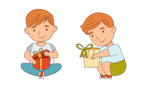 Cute little boys opening gift boxes decorated with ribbon bow cartoon illustration vector