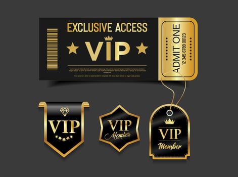 VIP Pass Ticket Luxury Black and Gold Cinema Style Invitation or Event Access emblem vector