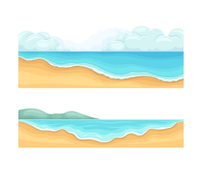 Tropical beach landscape set. Sandy shore, blue water and sky cartoon illustration vector
