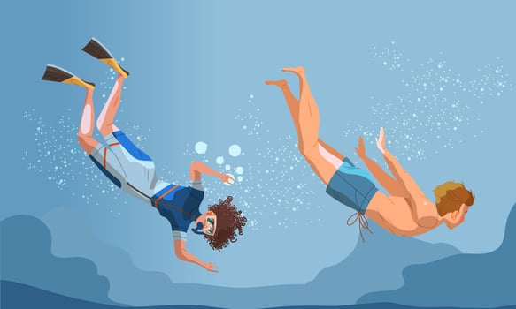 People diving and snorkeling. Man and woman in swimsuits performing underwater swiming illustration vector