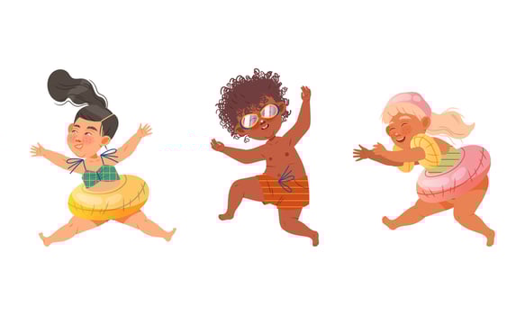 Happy kids playing at the beach. Children in swimsuits with inflatable rings cartoon illustration vector