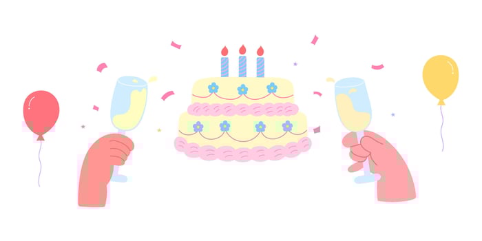 hands holding wine with birthday cake, confetti and party balloons vector