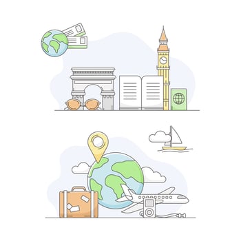 Travel and vacation symbols set. Luggage, airplane, tickets and attractions, tourism and journey objects line illustration vector