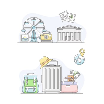 Travel and vacation symbols set. Ferris wheel, suitcase and attractions, tourism and journey objects line illustration vector