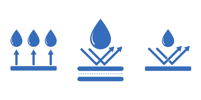 waterproof and anti-corrosion icon pack. Water drop with arrows and protection layers. Weatherproof and resistant design elements for materials, fabrics, coating or tech specs. vector