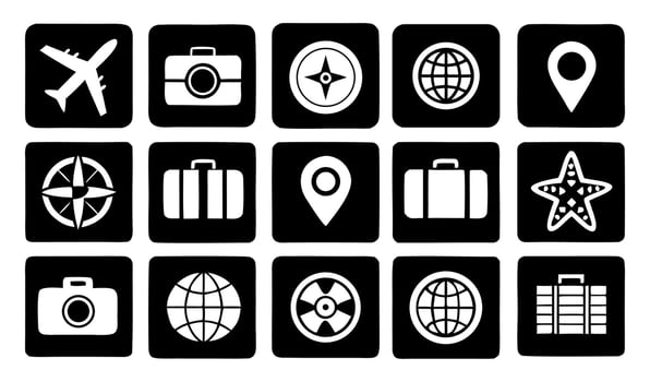 Modern Travel Icon Sets with Airplane, Map, Luggage, and Passport on White Background vector
