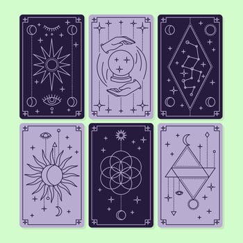 Cartoon Violet Reverse Cover Magical Tarot Deck Cards Set. vector