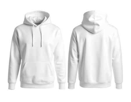 Clean white hooded sweatshirts displayed from front and back for versatile apparel design. png