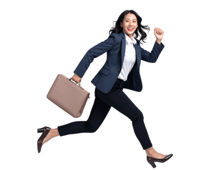 Optimistic young woman in professional clothing runs with purpose carrying her briefcase png