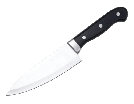 A gleaming chef's knife with a sharp blade and ergonomic handle ready for culinary tasks. png
