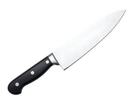 A gleaming professional chef's knife with a sharp blade and ergonomic handle is ready for culinary tasks. png