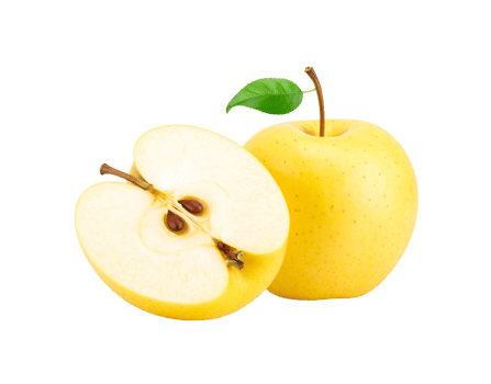 Golden Delicious Apple and Cross Section with Seeds and Leaf. png