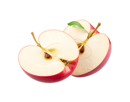 Two Halved Red Apples with Stems and Seeds Visible One with a Leaf. png