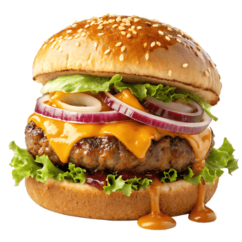 Gourmet Beef Burger with Thick Flame Grilled Patty and Fresh Toppings png