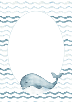 Watercolor oval frame with cute smiling blue Whale swimming on sea, ocean waves. Circular marine card template in retro style. Hand drawn illustration. Perfect for cards, posters, party invitations or png