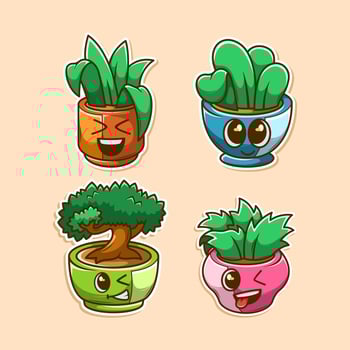 cute character green plants in pots vector