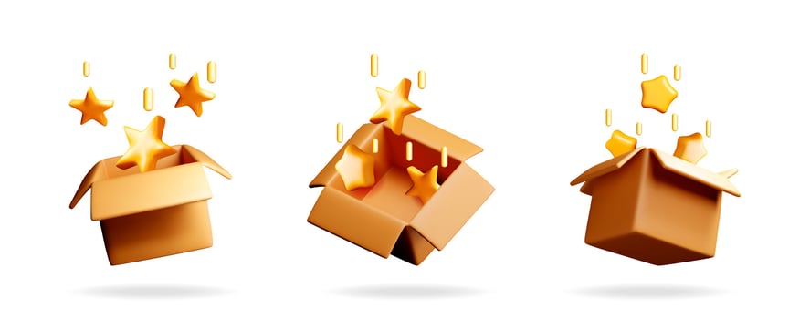 Set of 3d gift boxes with falling golden stars vector