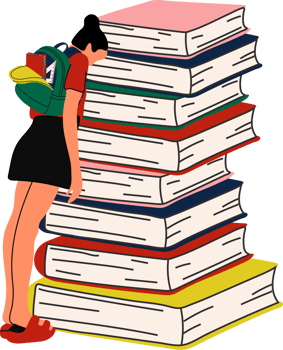 Exhausted Schoolgirl Surrounded by Books A Visual of Academic Burnout png