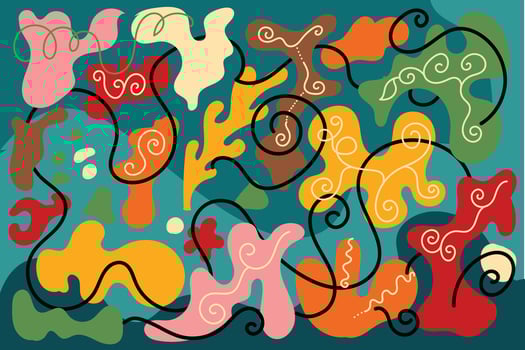 Modern abstract background with organic shapes, swirls, and vibrant colors like yellow, red, pink, and green on teal, ideal for prints, textile design, and creative projects. vector