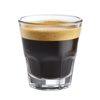 Clear glass filled with rich, dark espresso topped with creamy, golden crema, creating warm and inviting appearance. simplicity of glass highlights espresso deep color png