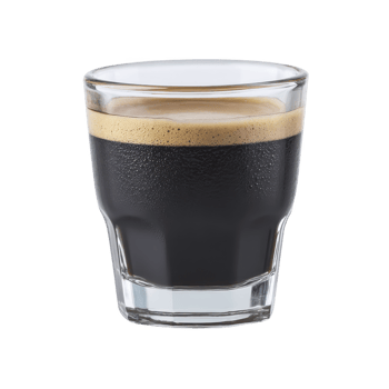 Clear glass filled with rich, dark espresso topped with creamy layer of foam, showcasing perfect coffee experience png