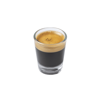 Clear glass filled with rich, dark espresso topped with creamy, golden crema, creating classic and inviting coffee experience png