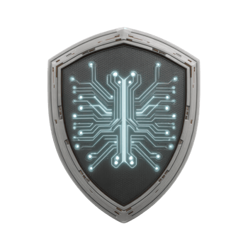 Futuristic shield with glowing circuit pattern symbolizes digital security and protection. metallic design and illuminated circuitry convey sense of advanced technology and cyber defense png